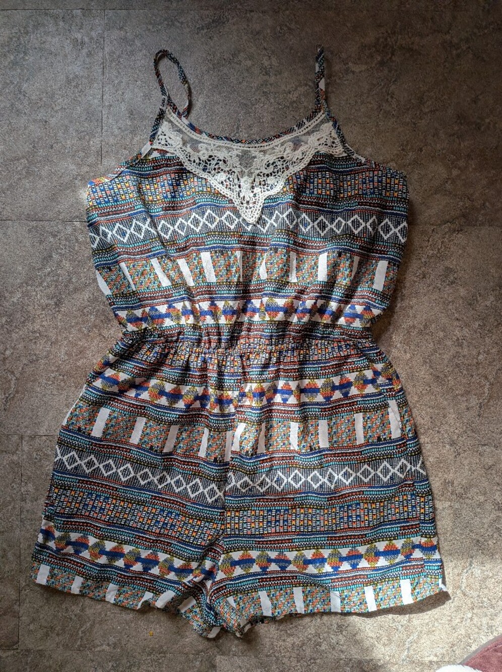 Women's AMulticolor Printed Lace-Trim One-Piece Romper